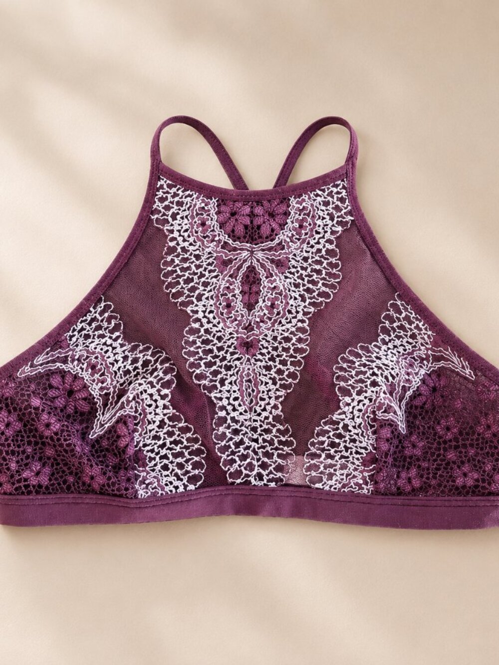 Victoria's Secret Y2K Plum High Neck Lace Bralette Sheer Mesh Embroidered S